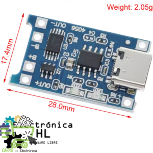 MODULO CARGADOR DE BATERIA TIPO C TP4056 LIPO, 18650