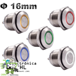 PUSH BUTTON METALICO CON LUZ PILOTO, 12-24V, 16MM